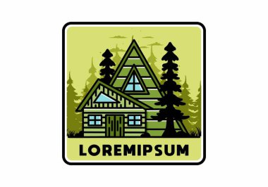 Illustration badge design of an aesthetic wood house between two pine trees