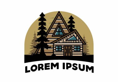 Illustration badge design of an aesthetic wood house between two pine trees
