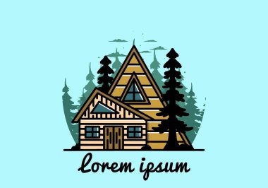 Illustration badge design of an aesthetic wood house between two pine trees