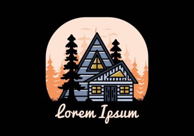 Illustration badge design of an aesthetic wood house between two pine trees