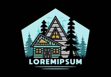 Illustration badge design of an aesthetic wood house between two pine trees