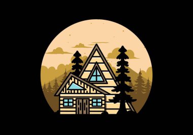 Illustration badge design of an aesthetic wood house between two pine trees