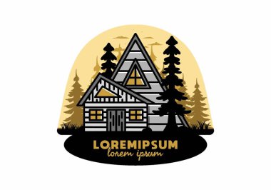 Illustration badge design of an aesthetic wood house between two pine trees