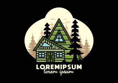 Illustration badge design of an aesthetic wood house between two pine trees