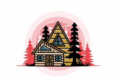 Illustration badge design of an aesthetic wood house between two pine trees