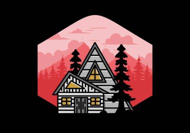 Illustration badge design of an aesthetic wood house between two pine trees