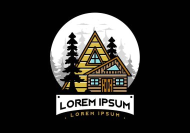 Illustration badge design of an aesthetic wood house between two pine trees