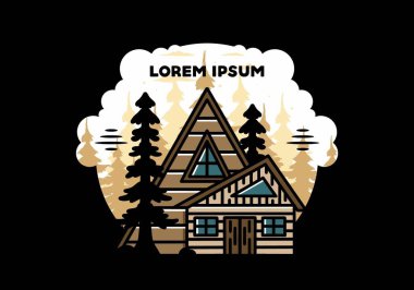 Illustration badge design of an aesthetic wood house between two pine trees