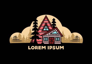 Illustration badge design of an aesthetic wood house between two pine trees