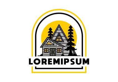 Illustration badge design of an aesthetic wood house between two pine trees