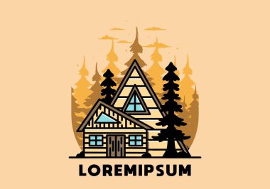 Illustration badge design of an aesthetic wood house between two pine trees