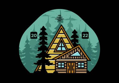 Illustration badge design of an aesthetic wood house between two pine trees