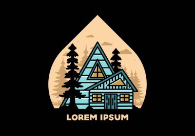 Illustration badge design of an aesthetic wood house between two pine trees