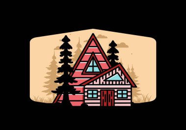 Illustration badge design of an aesthetic wood house between two pine trees