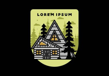 Illustration badge design of an aesthetic wood house between two pine trees
