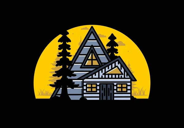 Illustration Badge Design Aesthetic Wood House Two Pine Trees — Archivo Imágenes Vectoriales