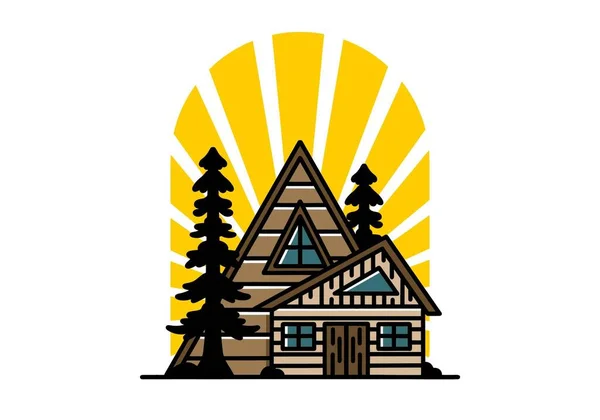Illustration Badge Design Aesthetic Wood House Two Pine Trees — Vetor de Stock