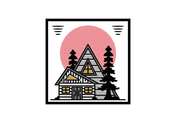 Illustration Badge Design Aesthetic Wood House Two Pine Trees — Vettoriale Stock