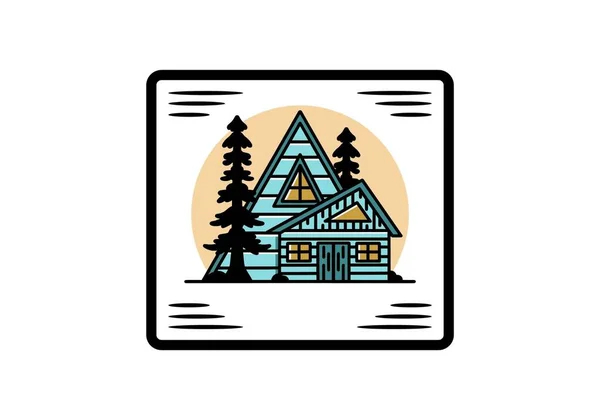 Illustration Badge Design Aesthetic Wood House Two Pine Trees — Stock Vector