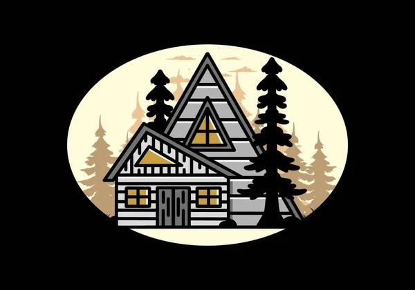 Illustration Badge Design Aesthetic Wood House Two Pine Trees — Stock vektor