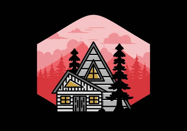 Illustration Badge Design Aesthetic Wood House Two Pine Trees — Image vectorielle