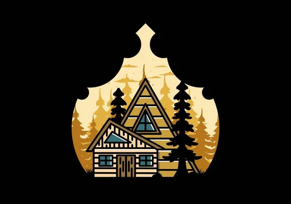 Illustration Badge Design Aesthetic Wood House Two Pine Trees — Archivo Imágenes Vectoriales