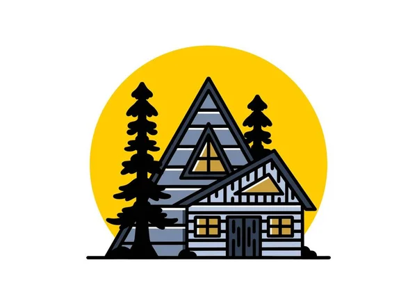 Illustration Badge Design Aesthetic Wood House Two Pine Trees — Vetor de Stock