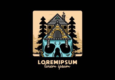Illustration badge design of a wooden house with skull