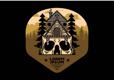 Illustration badge design of a wooden house with skull