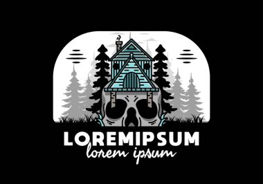Illustration badge design of a wooden house with skull