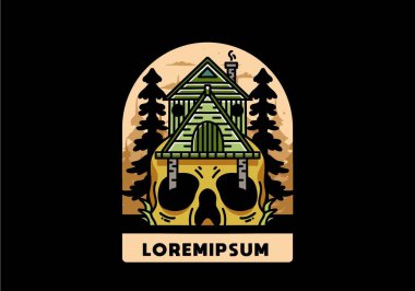 Illustration badge design of a wooden house with skull