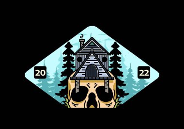 Illustration badge design of a wooden house with skull