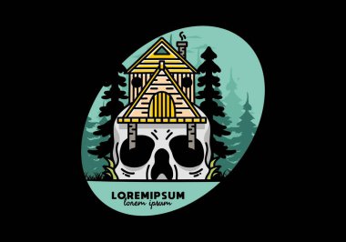 Illustration badge design of a wooden house with skull