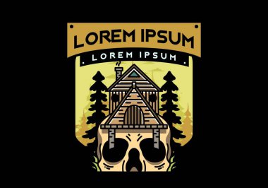 Illustration badge design of a wooden house with skull