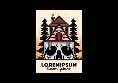 Illustration badge design of a wooden house with skull
