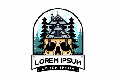 Illustration badge design of a wooden house with skull