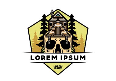 Illustration badge design of a wooden house with skull