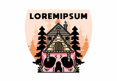 Illustration badge design of a wooden house with skull