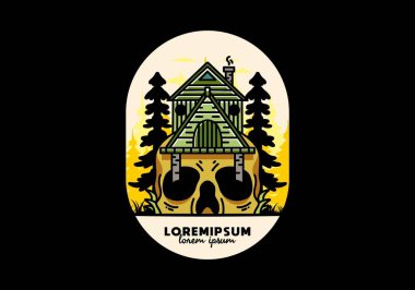 Illustration badge design of a wooden house with skull