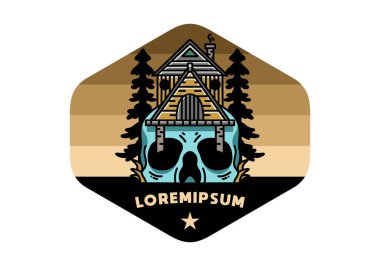 Illustration badge design of a wooden house with skull