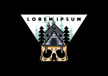 Illustration badge design of a wooden house with skull