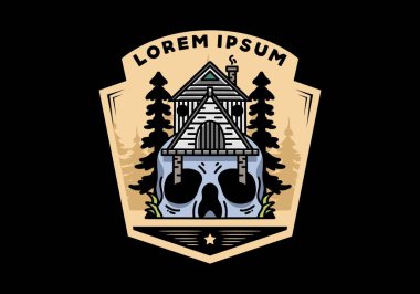 Illustration badge design of a wooden house with skull