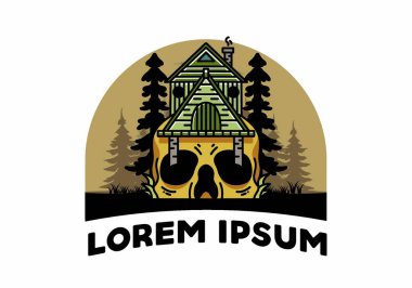 Illustration badge design of a wooden house with skull