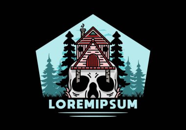 Illustration badge design of a wooden house with skull