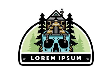 Illustration badge design of a wooden house with skull
