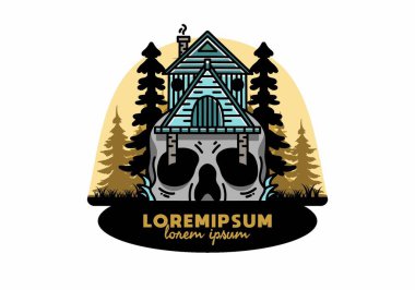 Illustration badge design of a wooden house with skull