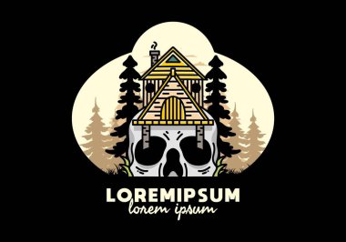 Illustration badge design of a wooden house with skull