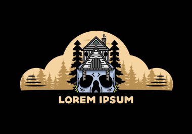 Illustration badge design of a wooden house with skull