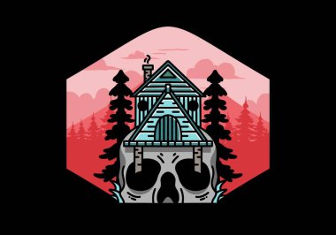 Illustration badge design of a wooden house with skull