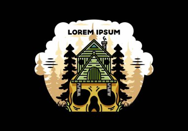 Illustration badge design of a wooden house with skull